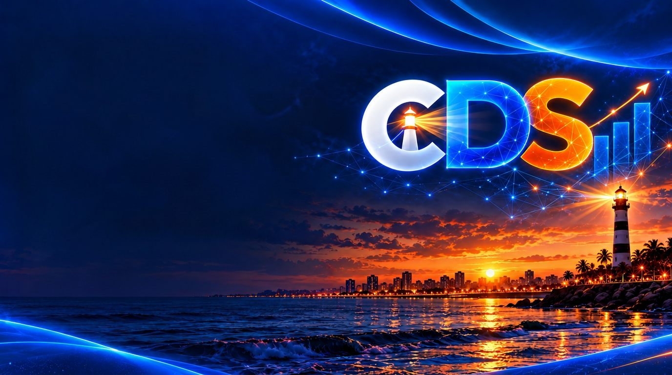 Logo CDS e farol à beira-mar de Maceió ao pôr do sol